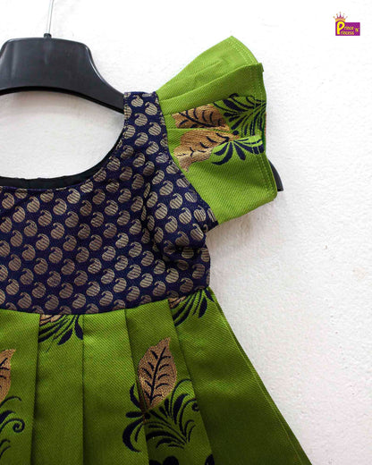 New born Green with Navy Raw Silk Frock  LF834