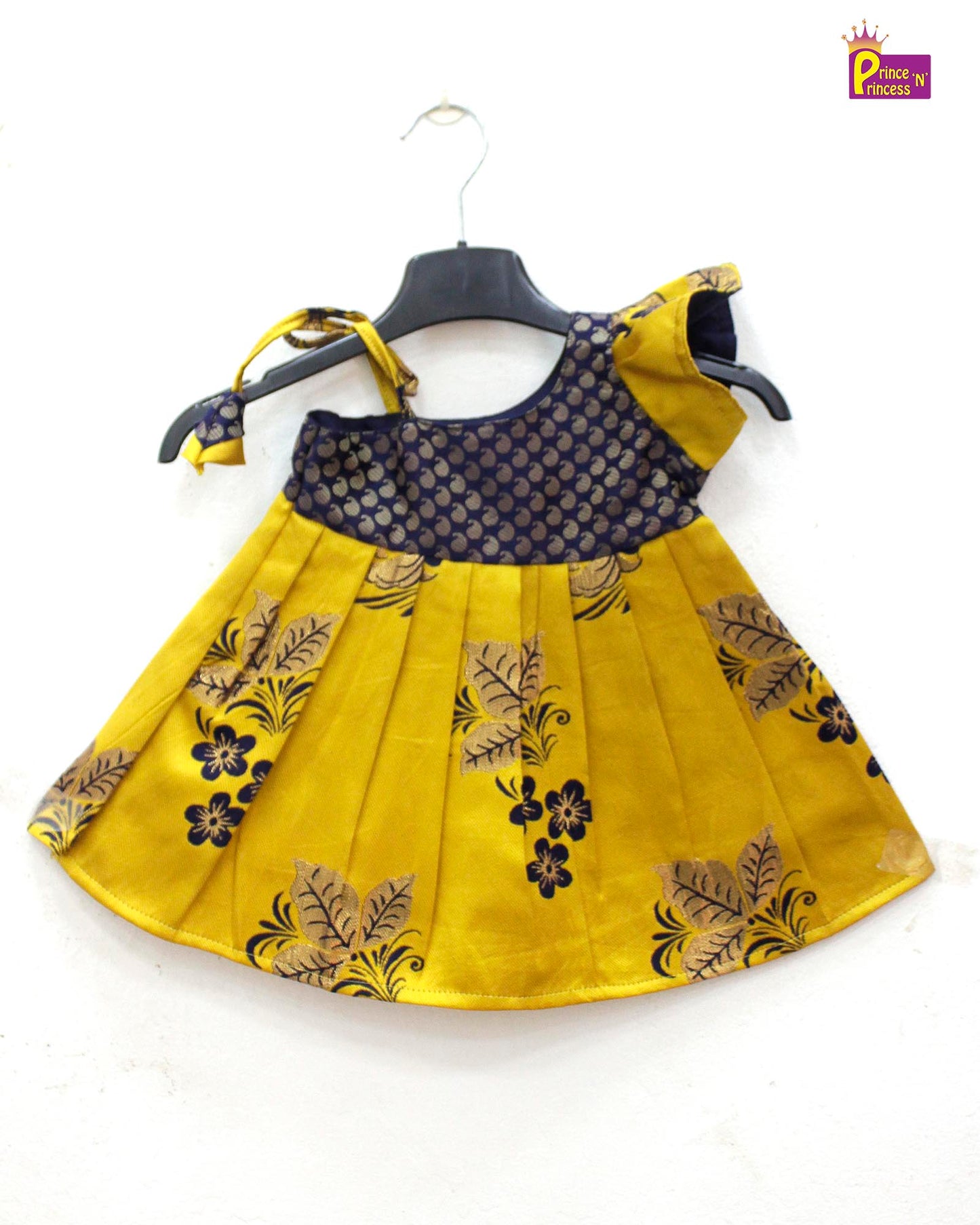 New born Yellow with Navy Raw Silk Frock  LF835