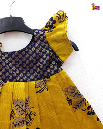 New born Yellow with Navy Raw Silk Frock  LF835