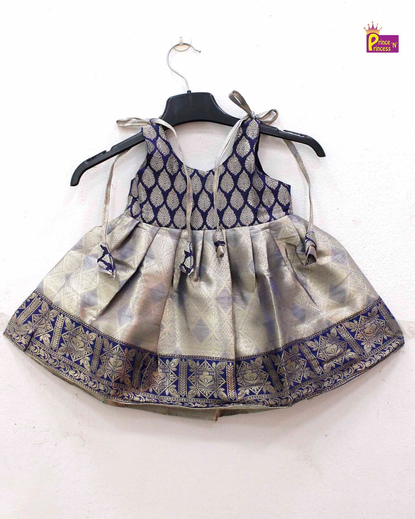 New born Navyblue with Silver Raw Silk Frock  LF840