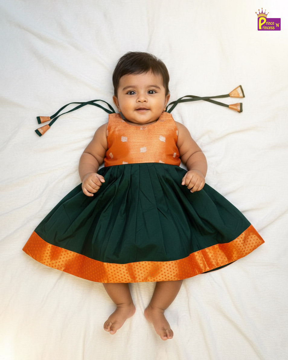 New Born Raw Silk Frock Orange with Green LF1733