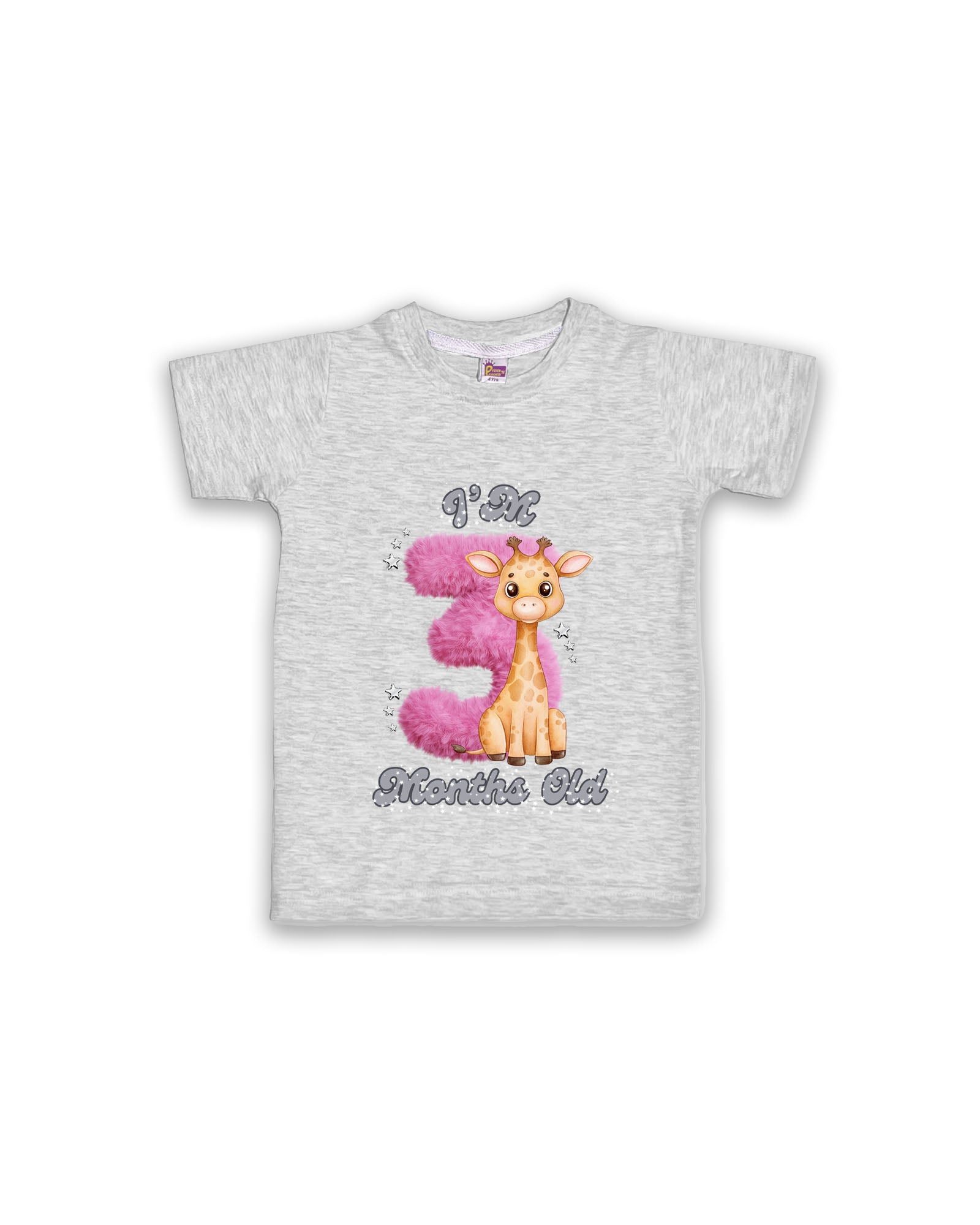 Newborn Melange Tees "I’m 3 Months Old" – Soft Cotton | Pink 3 with Giraffe Print | Short Sleeve Milestone Outfit NPT066