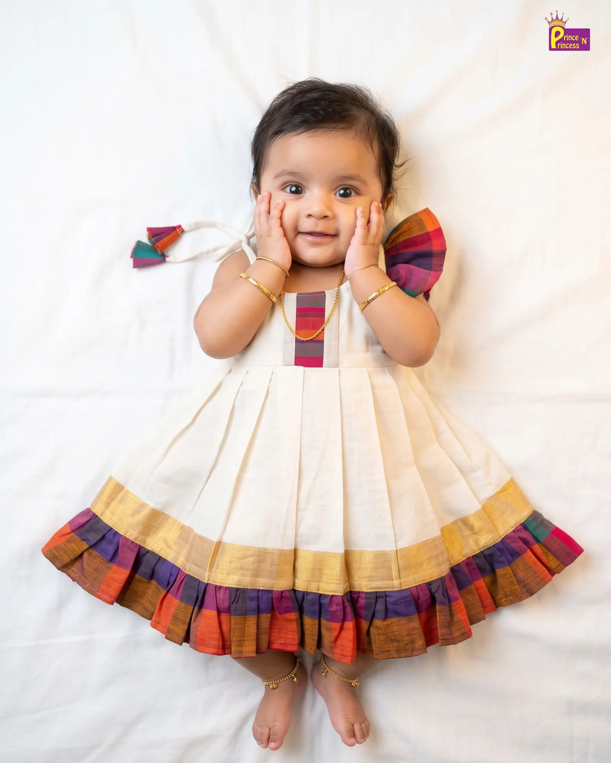 Newborn Baby Girl Kerala Kasavu with Madras Checks Cotton Frock - Shoulder Ruffle Naming Dress LF2073