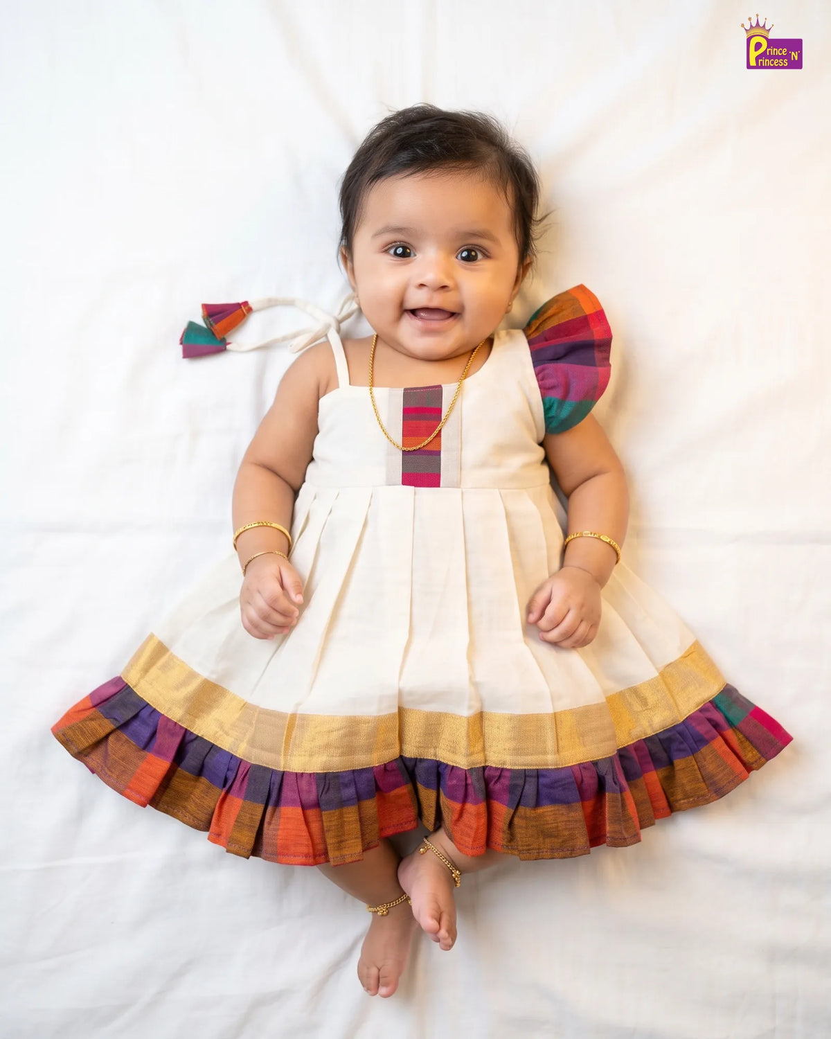Newborn Baby Girl Kerala Kasavu with Madras Checks Cotton Frock - Shoulder Ruffle Naming Dress LF2073