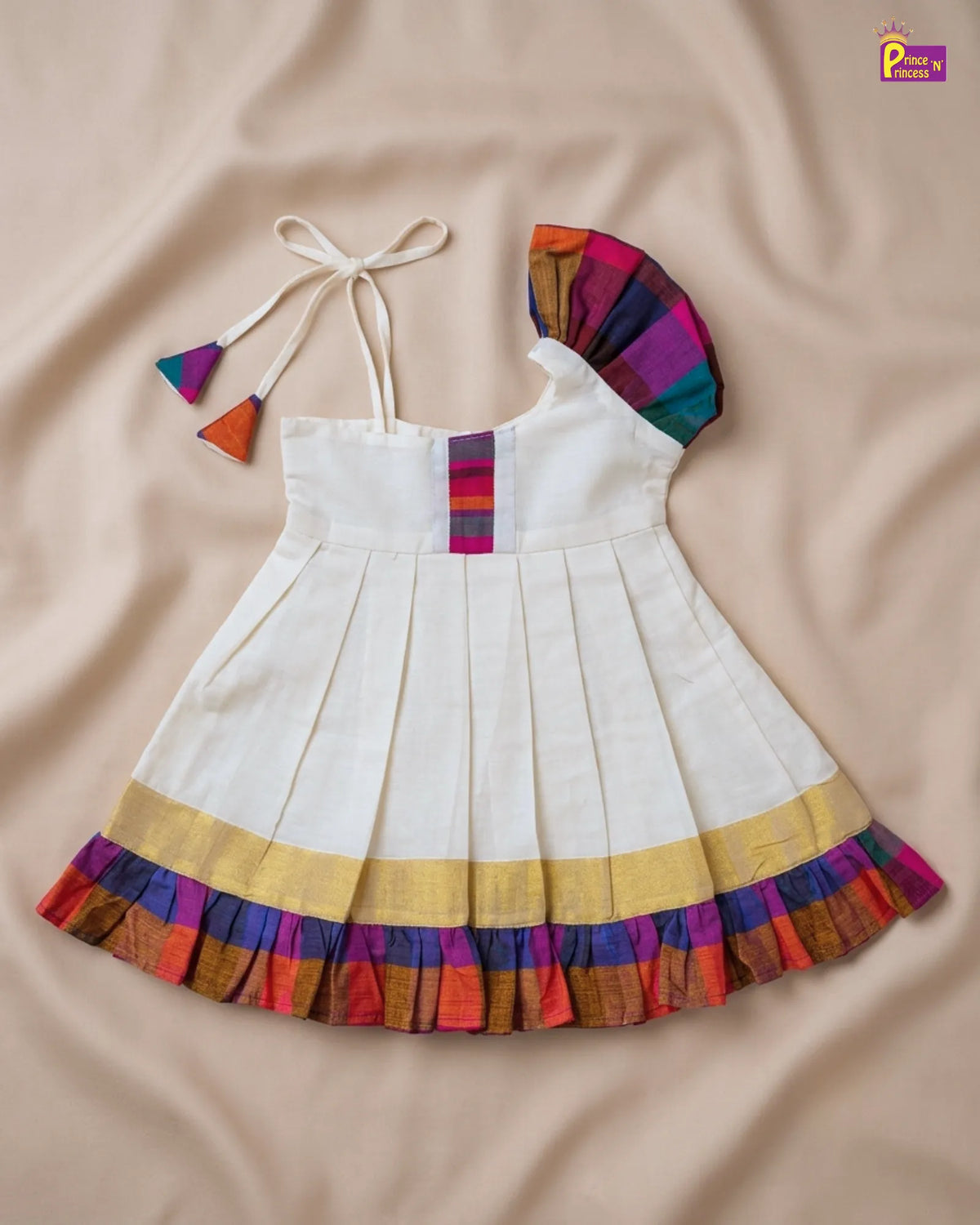 Newborn Baby Girl Kerala Kasavu with Madras Checks Cotton Frock - Shoulder Ruffle Naming Dress LF2073