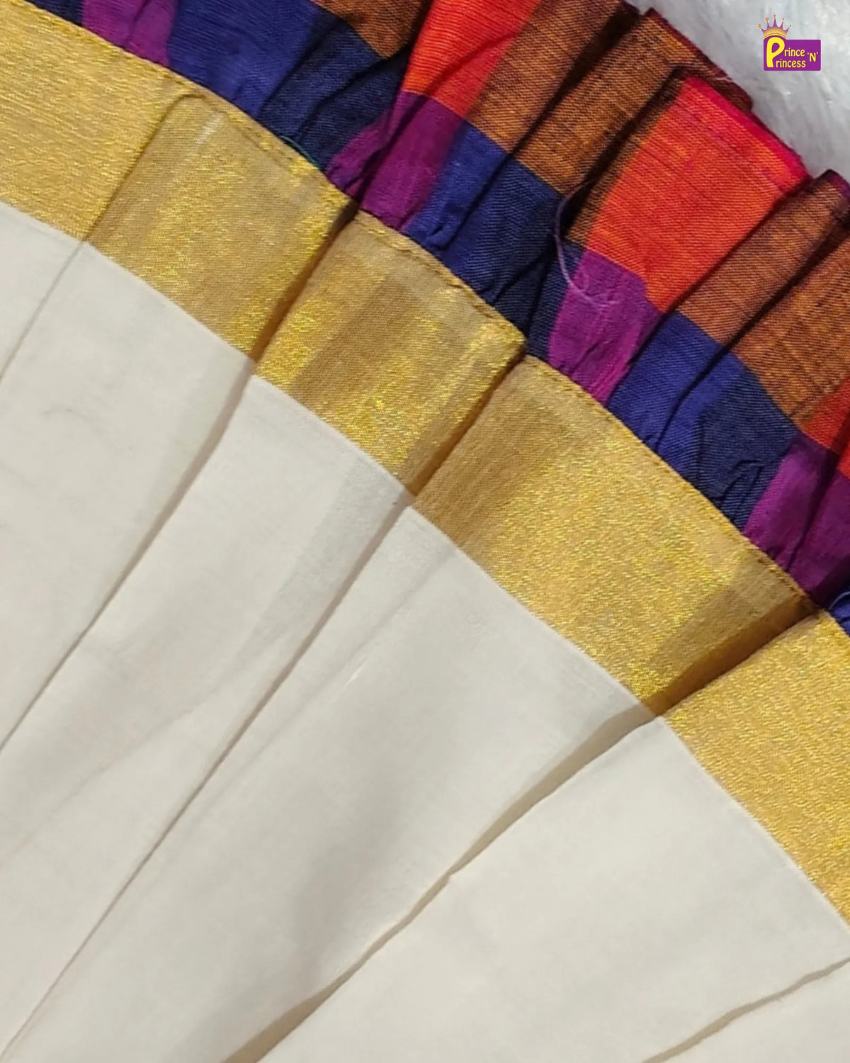 Newborn Baby Girl Kerala Kasavu with Madras Checks Cotton Frock - Shoulder Ruffle Naming Dress LF2073