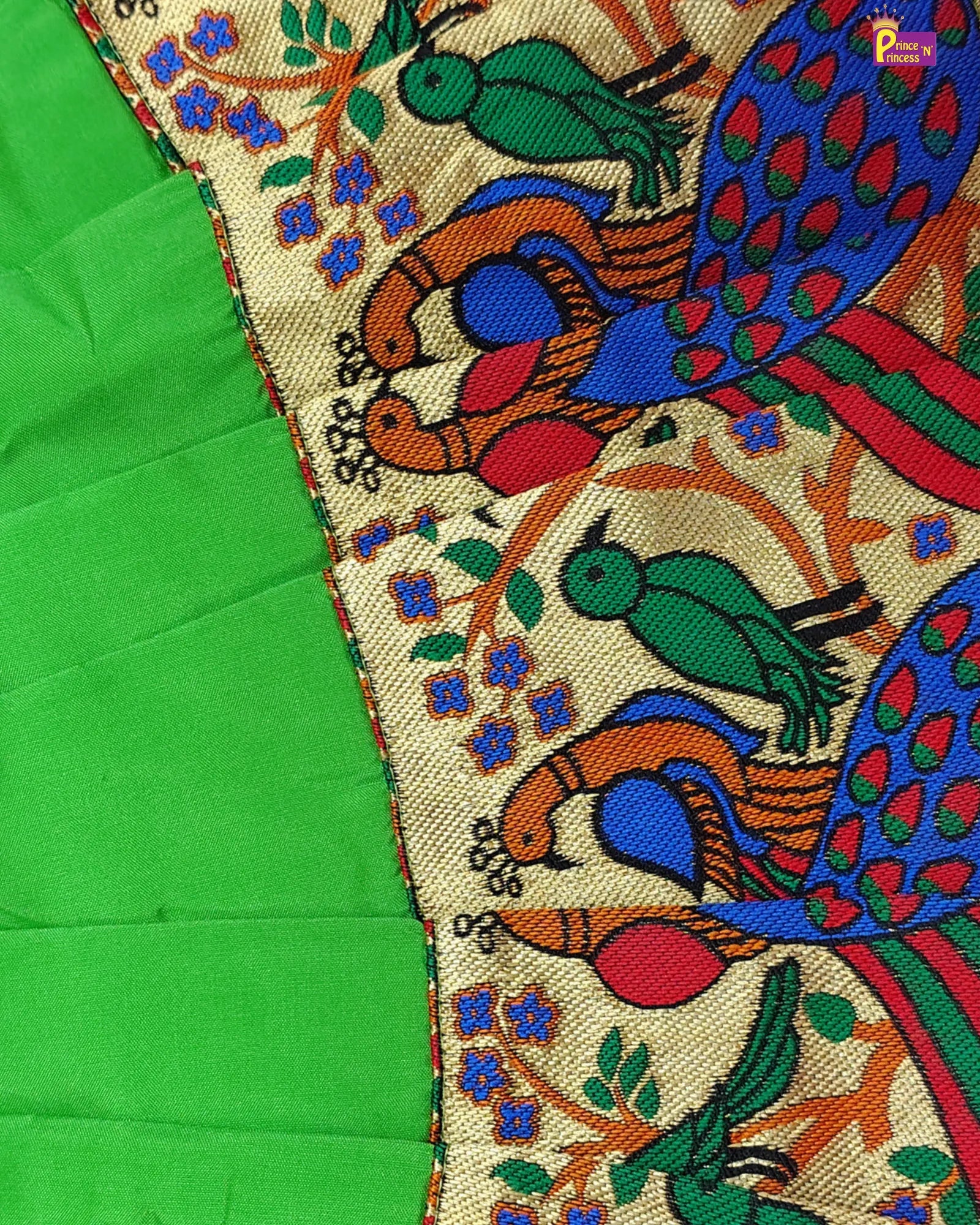 green pattu frock closeup view with peacock border