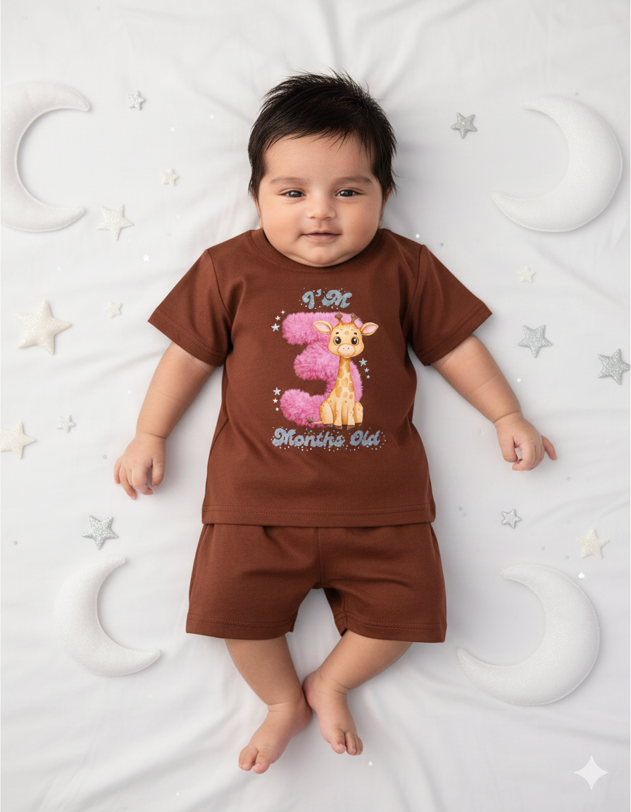 Newborn Chocolate Brown Tees (Only T-Shirt) | Pink 3 with Giraffe | NPT061