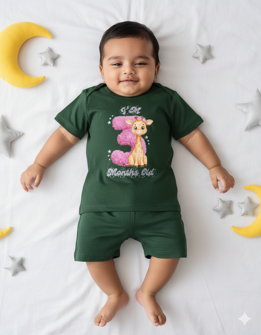 Newborn Dark Green Tees (Only T-Shirt) | Pink 3 with Giraffe | NPT062