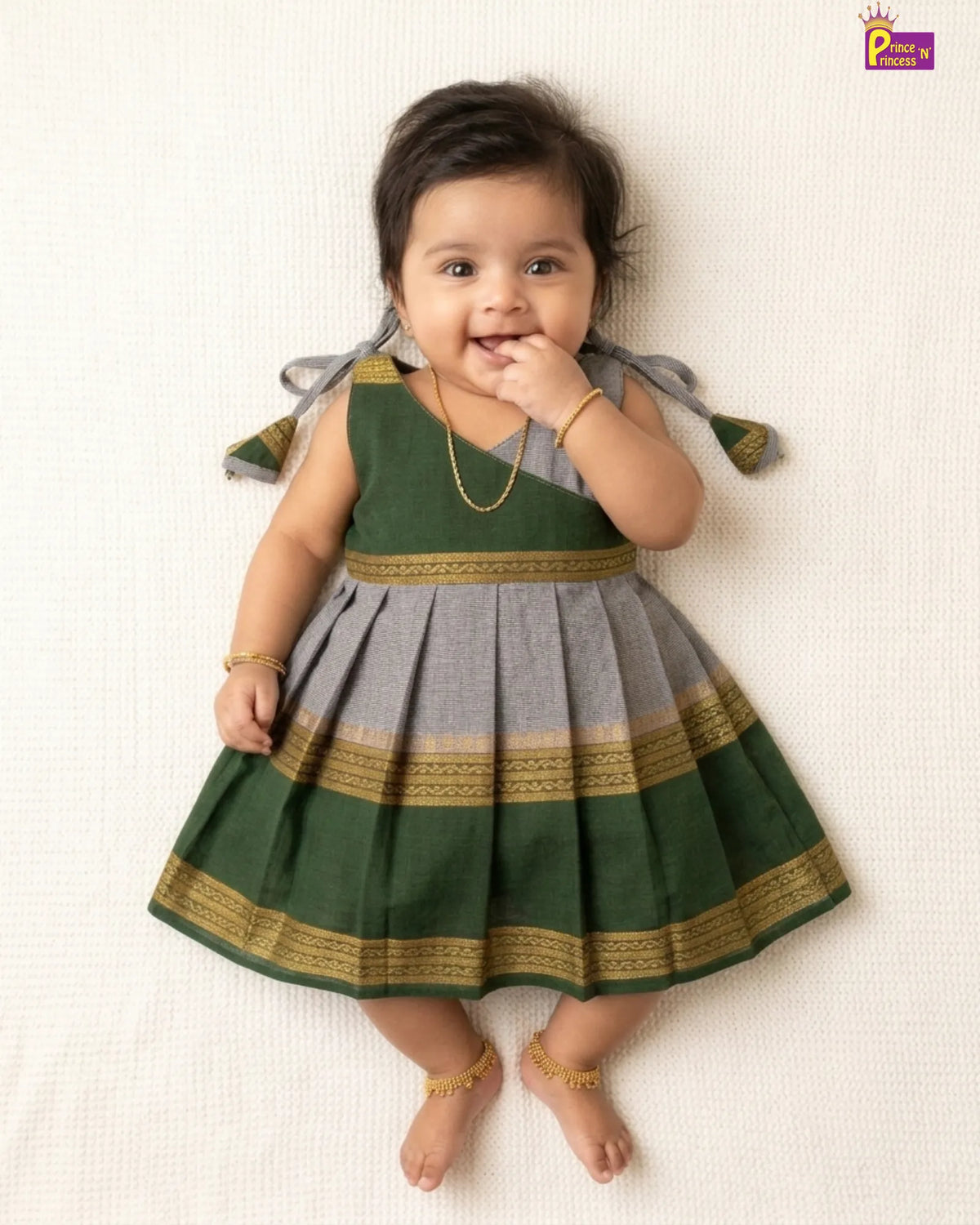 New Born Grey Green Chettinad Cotton Frock LF1710