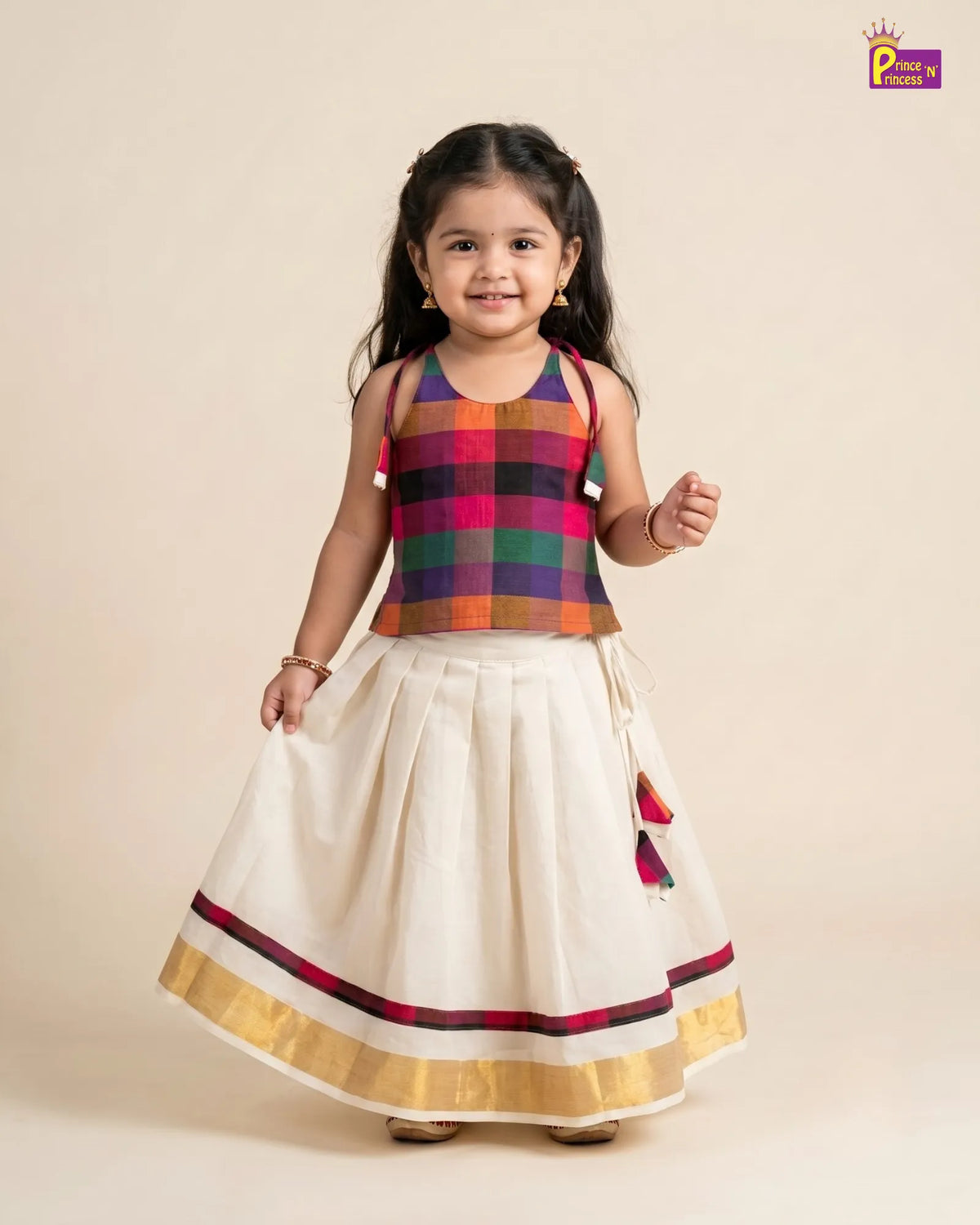 Madras Checks Kasavu Cotton Pavadai for Girls - Pure Cotton Set PPP2197