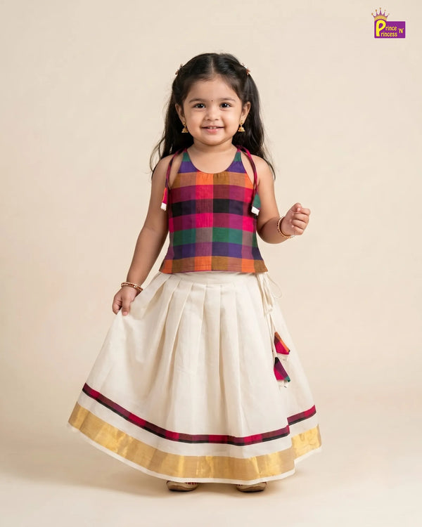 Madras Checks Kasavu Cotton Pavadai for Girls - Pure Cotton Set PPP2197