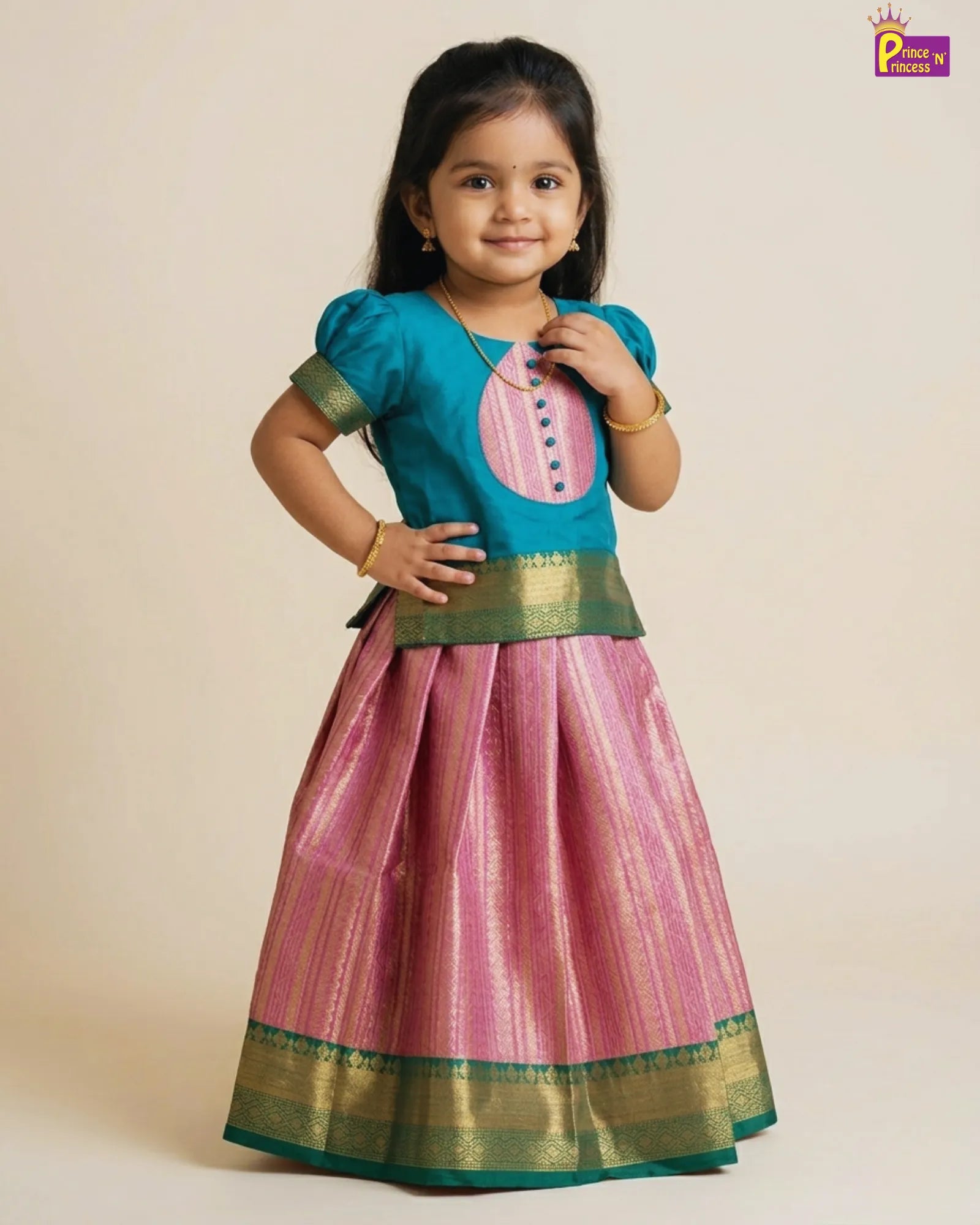Baby Girl Lavender & Gold Silk Pattu Pavadai - Puff Sleeve Lehenga Set for Kids PPP2048