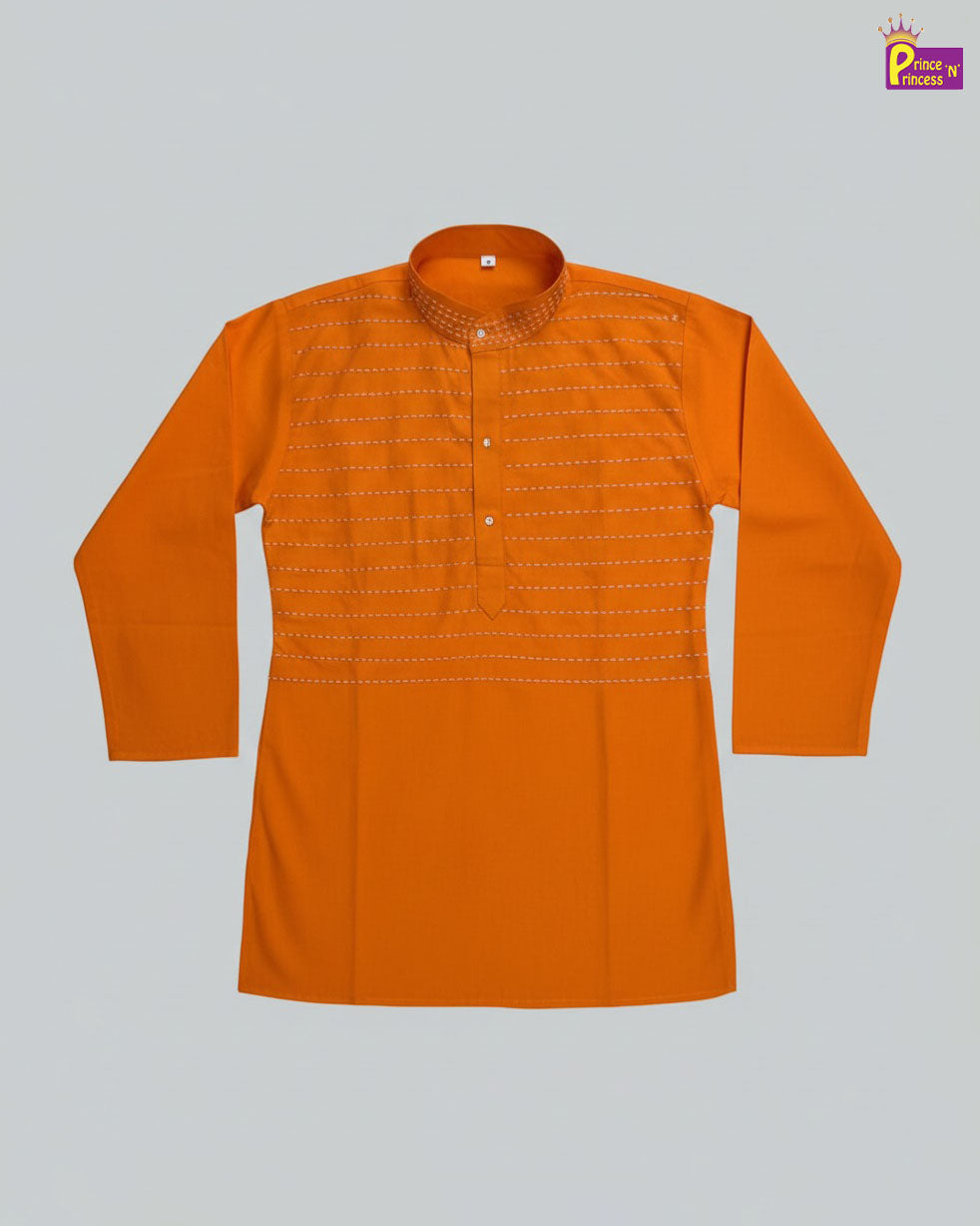Orange kurta with white patterns on a light gray background - Prince N Pincess