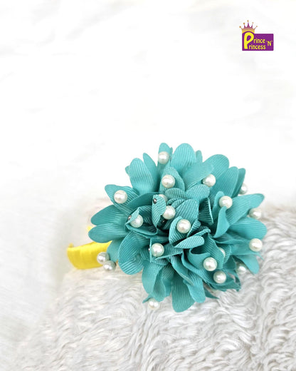 Yellow Satin Hair Band with Green Foam Flower PACS025