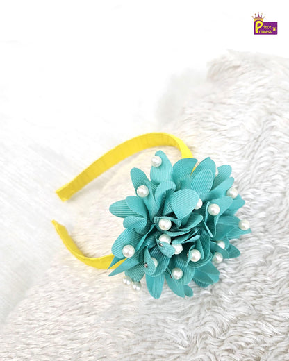 Yellow Satin Hair Band with Green Foam Flower PACS025