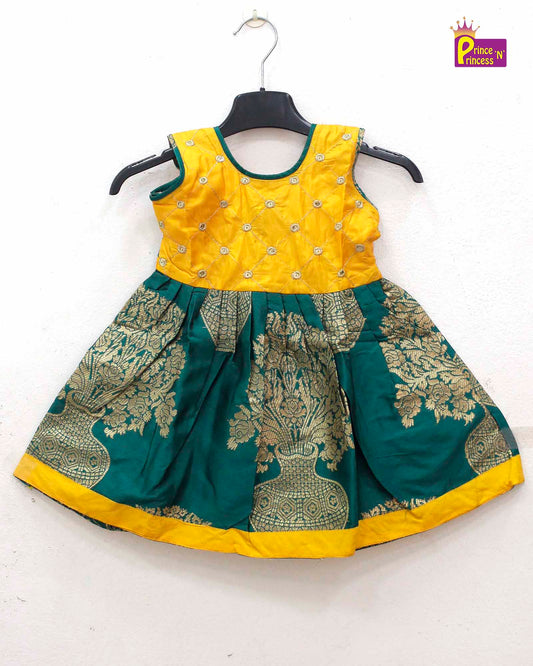 Kids Green With Yellow  Party Frock PG062