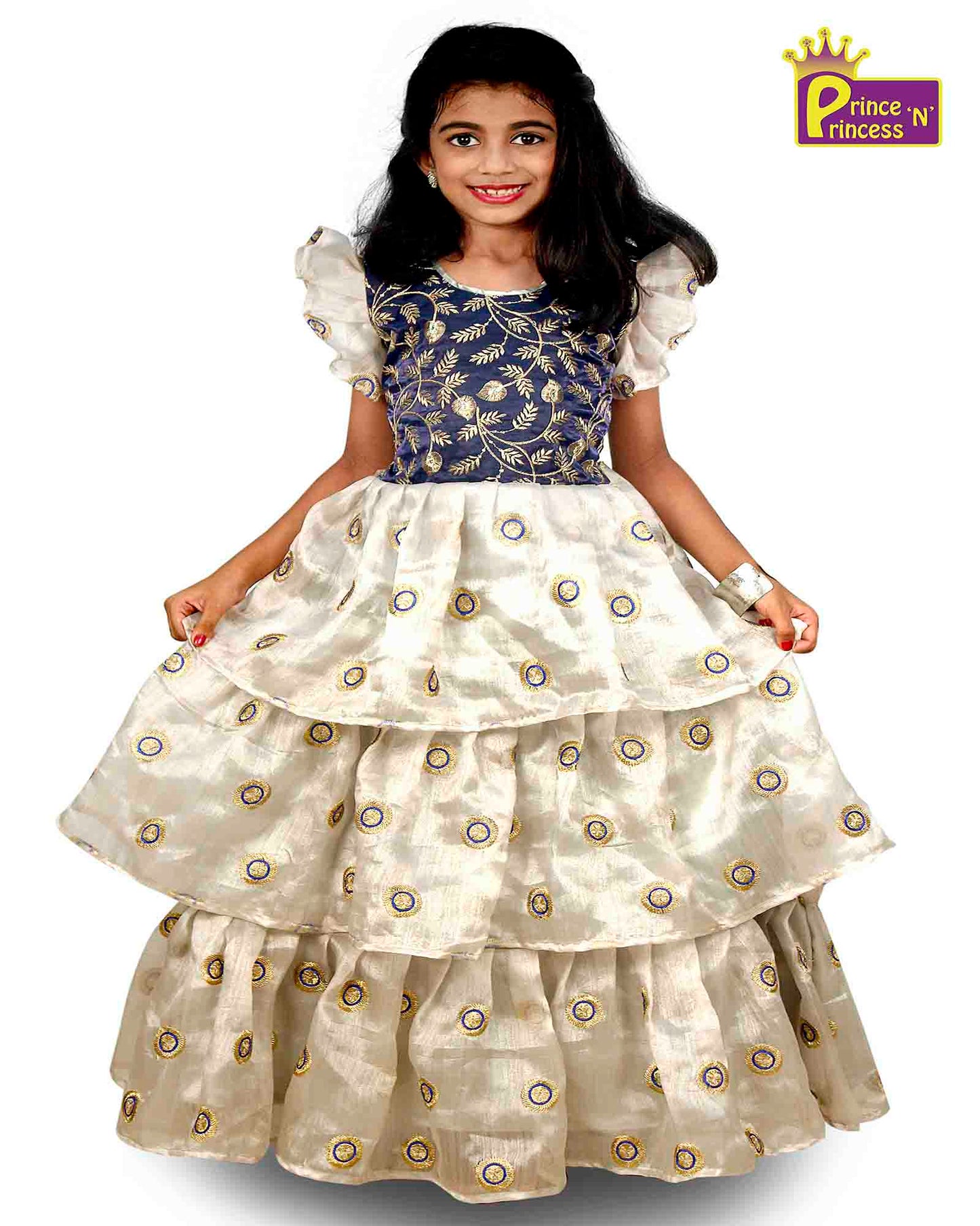 Kids Grey Blue Embroidery Party Gown PG080