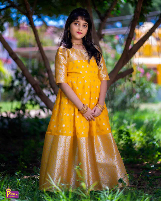 Yellow  Organza Check AARI Ethnic Party Gown PG202