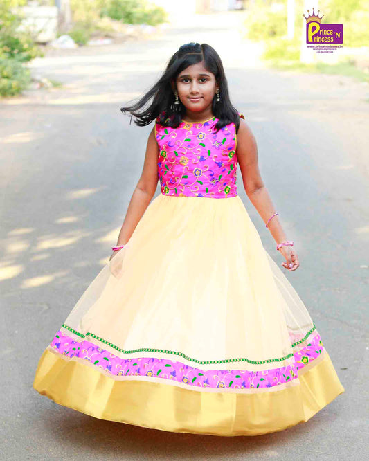 Kids Pink with Orange Netted long gown PG233