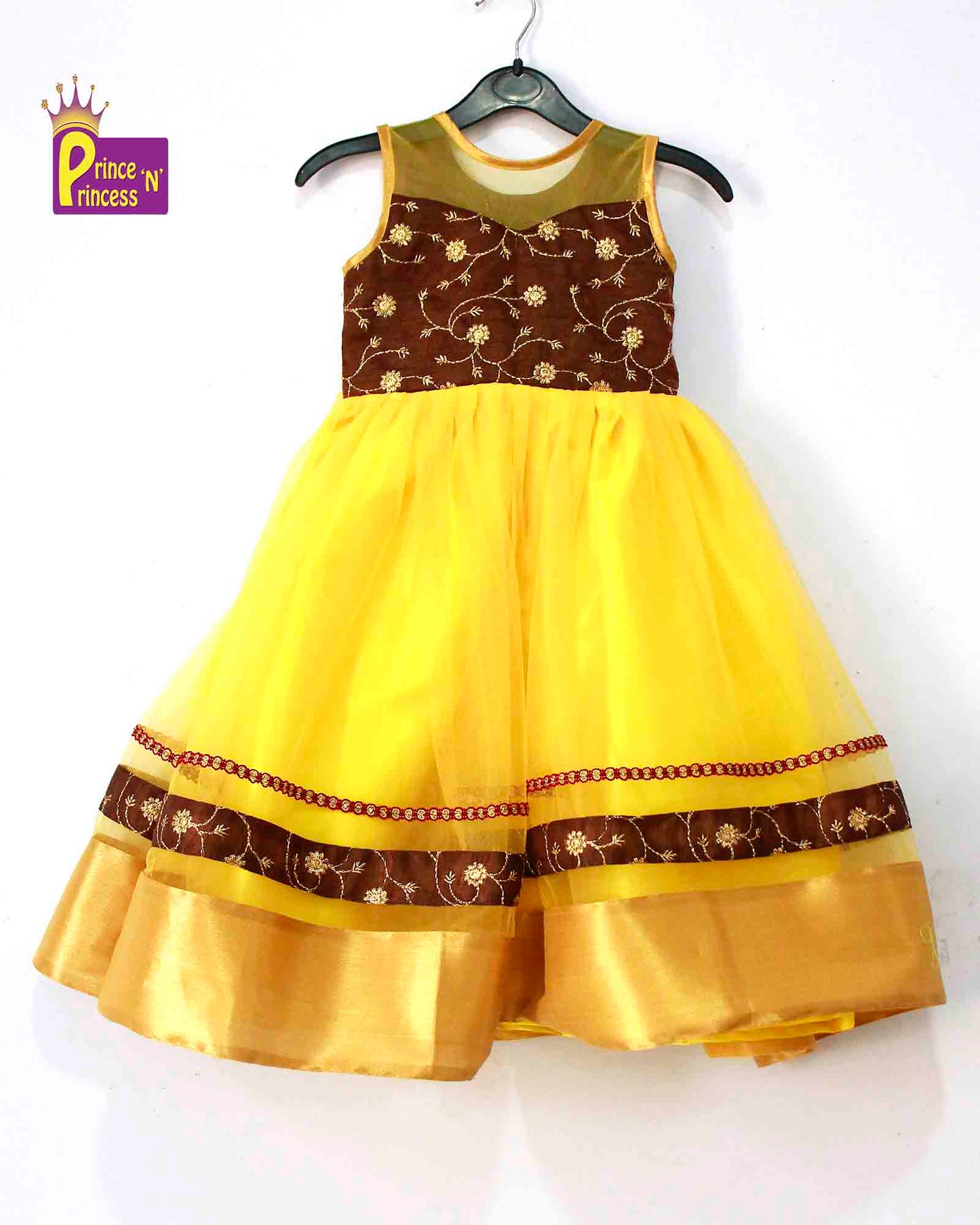 Kids Brown yellow  Netted long gown PG263