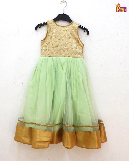 Kids Halfwhite Pistagreen Netted long gown PG273