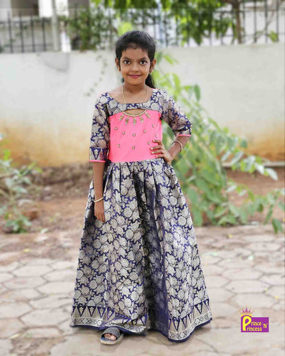 Prince N Princess Peach Blue AARI work Pattu Gown PG380