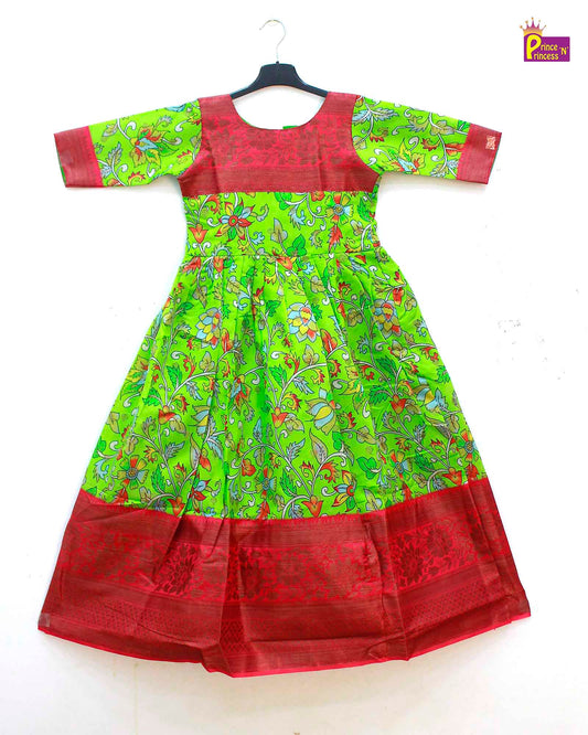 Traditional Green Pink Kalamkari Design Gown PG324