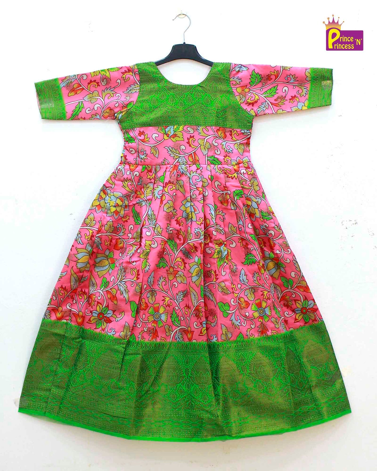 Traditional Green Pink Kalamkari Design Gown PG325