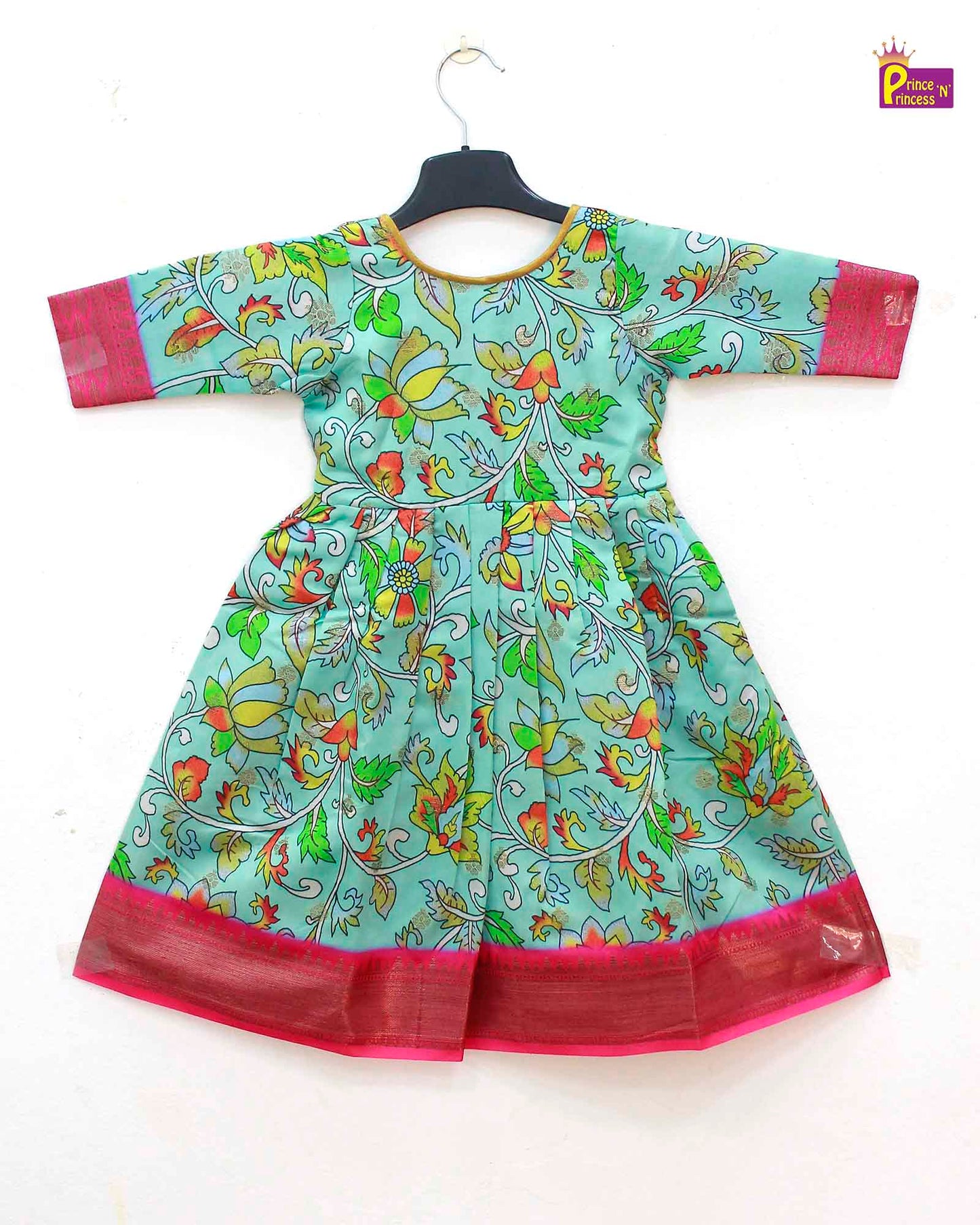 Traditional  Blue Pink Kalamkari Design Gown PG328