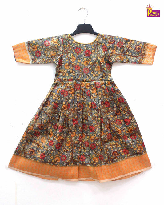 Kids Grey orange Kalamkari Designer Gown PG330