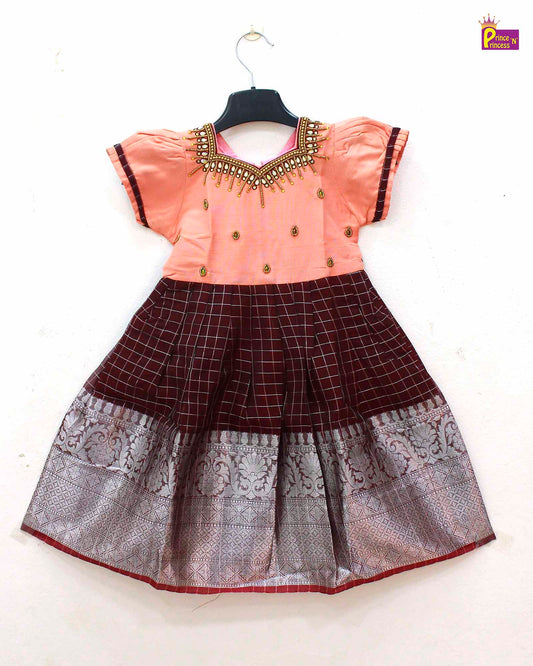 Kids Peach Brown Organza AARI Ethnic Party Gown PG342