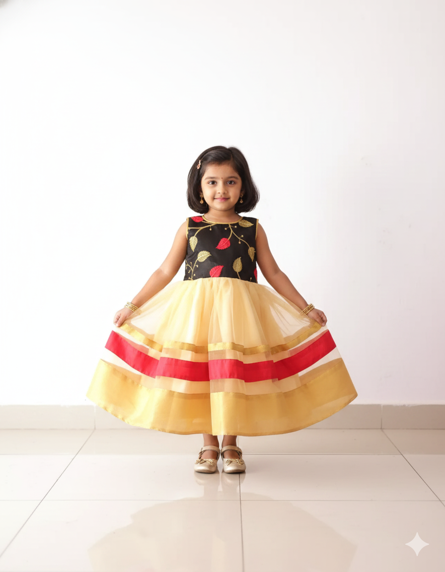 Kids Black Sandal Netted long gown PG344