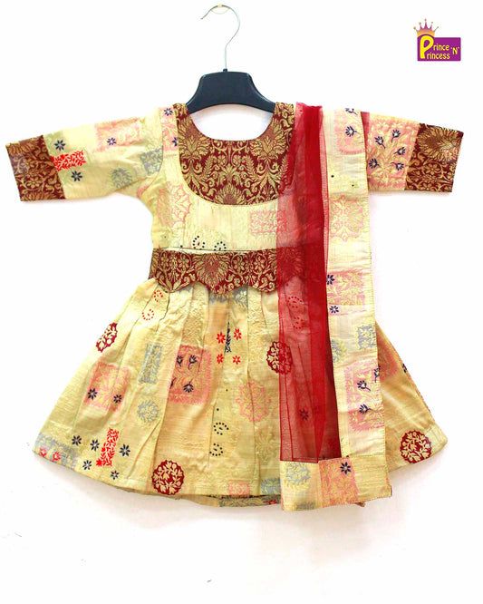 Biege Maroon Kids Ethnic Party Gown with Dupetta and Belt PG350