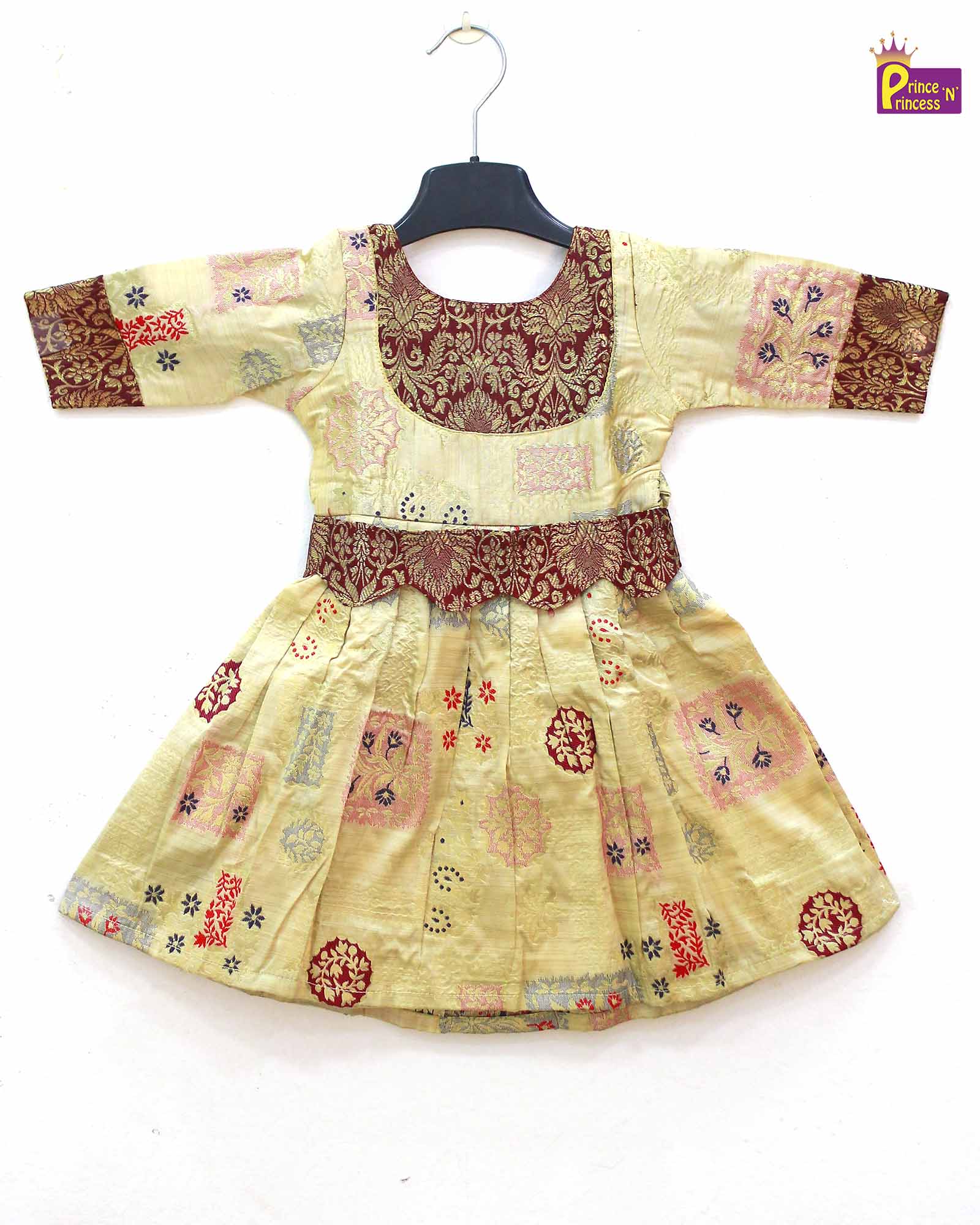Biege Maroon Kids Ethnic Party Gown with Dupetta and Belt PG350