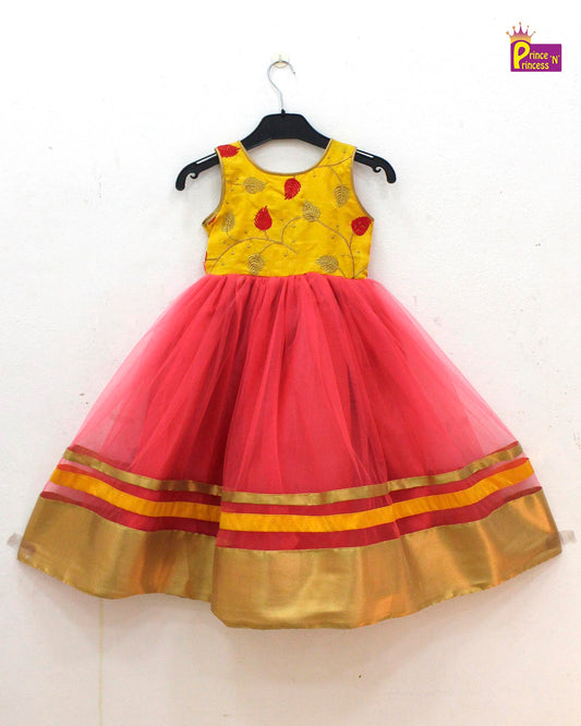 Kids Yellow Red Netted long gown PG357