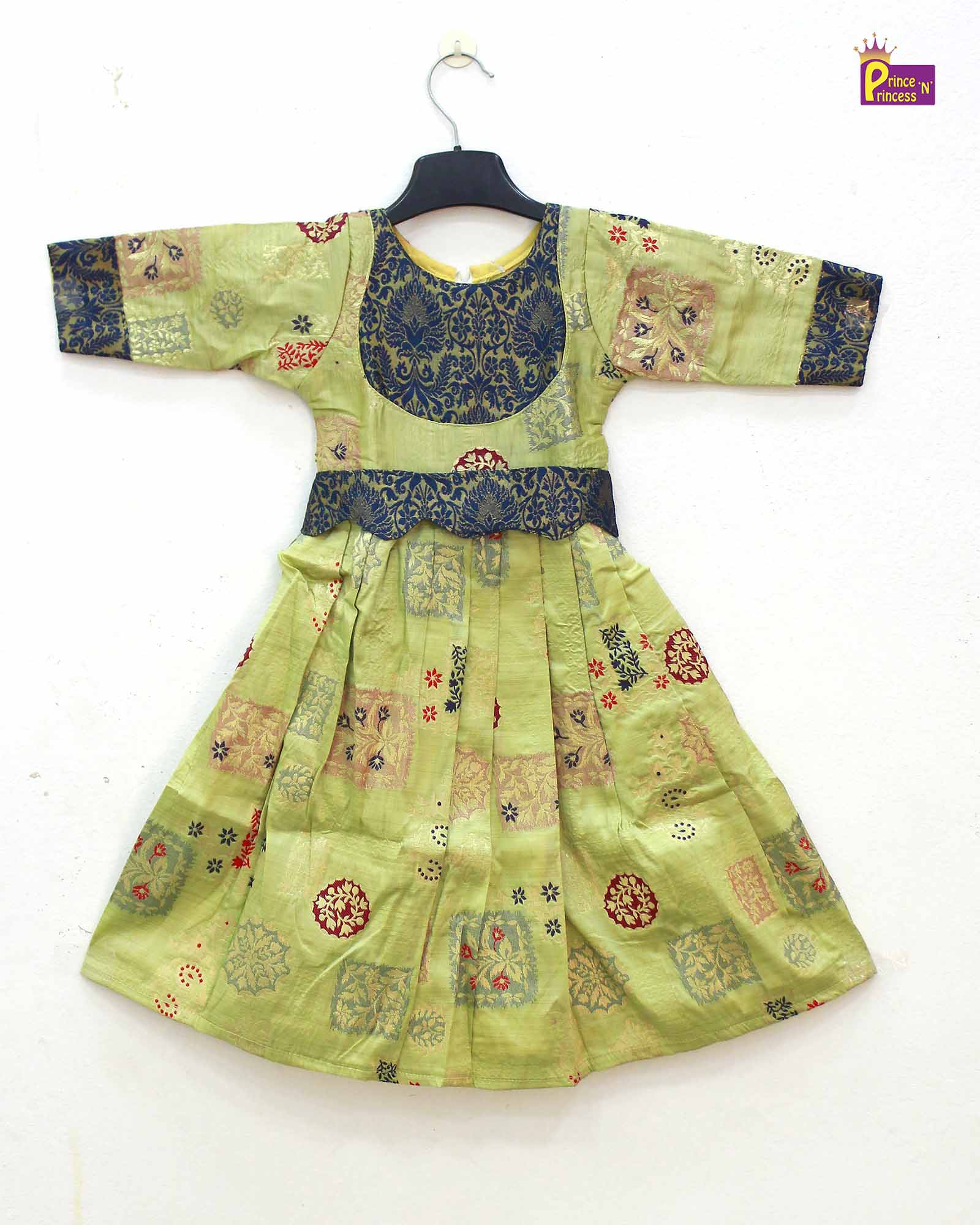 Pista Green Maroon Kids Ethnic Party Gown with Dupetta and Belt PG360
