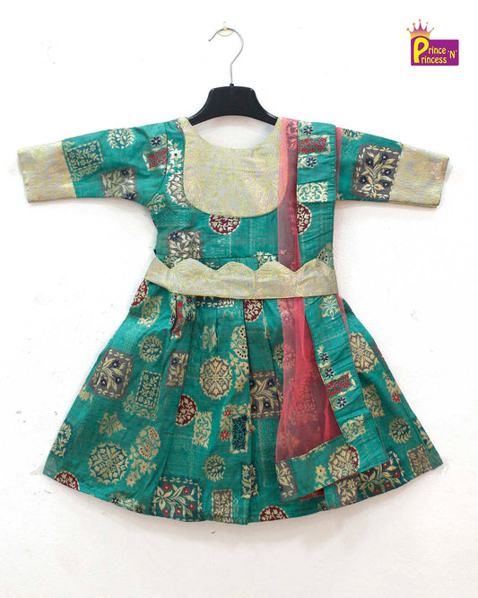 Rama Green Kids Ethnic Party Gown with Dupetta and Belt PG361