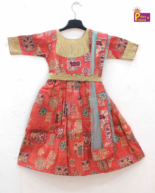 Red skyblue Kids Ethnic Party Gown with Dupetta and Belt PG362