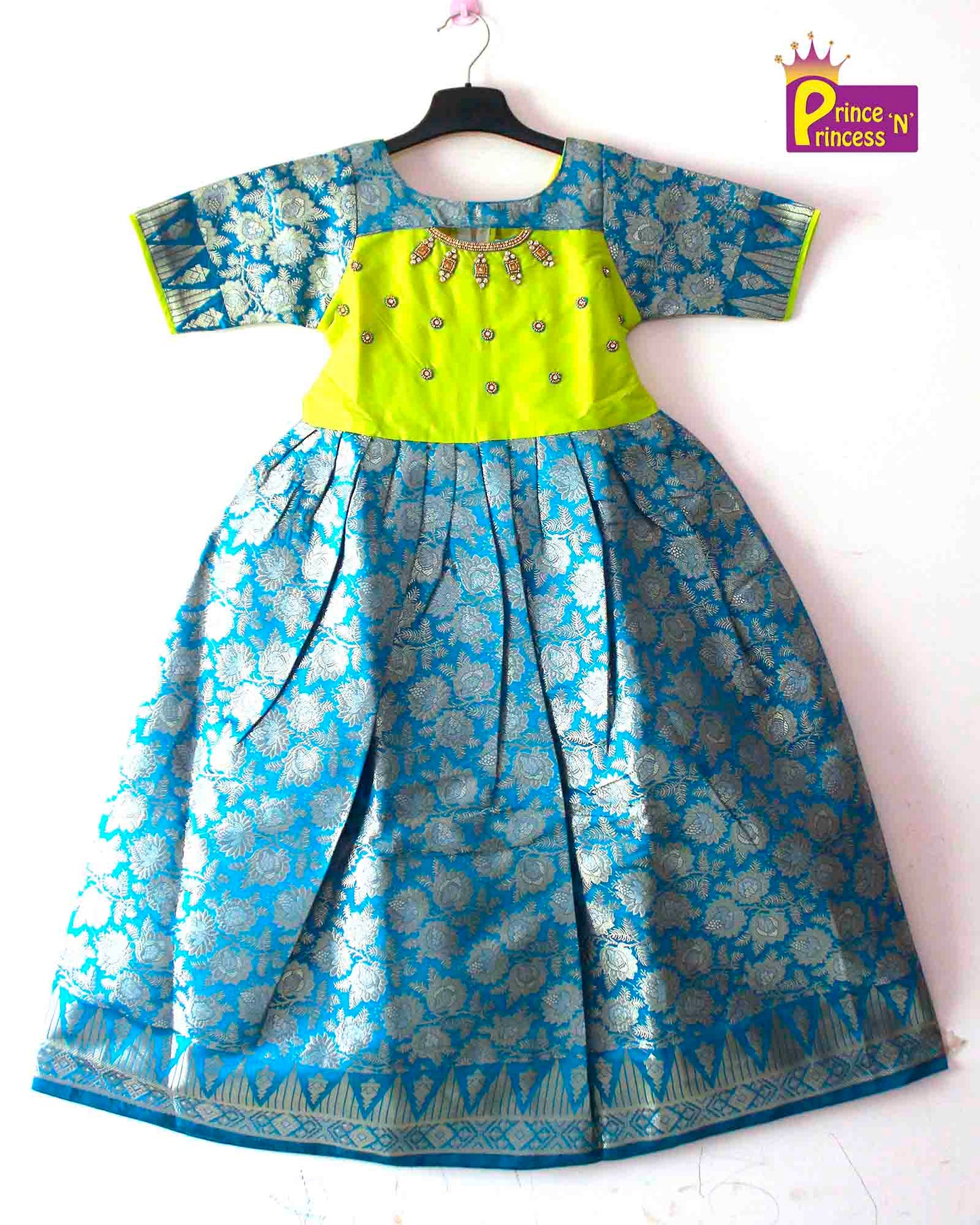 Prince N Princess Green Blue AARI work Pattu Gown PG375