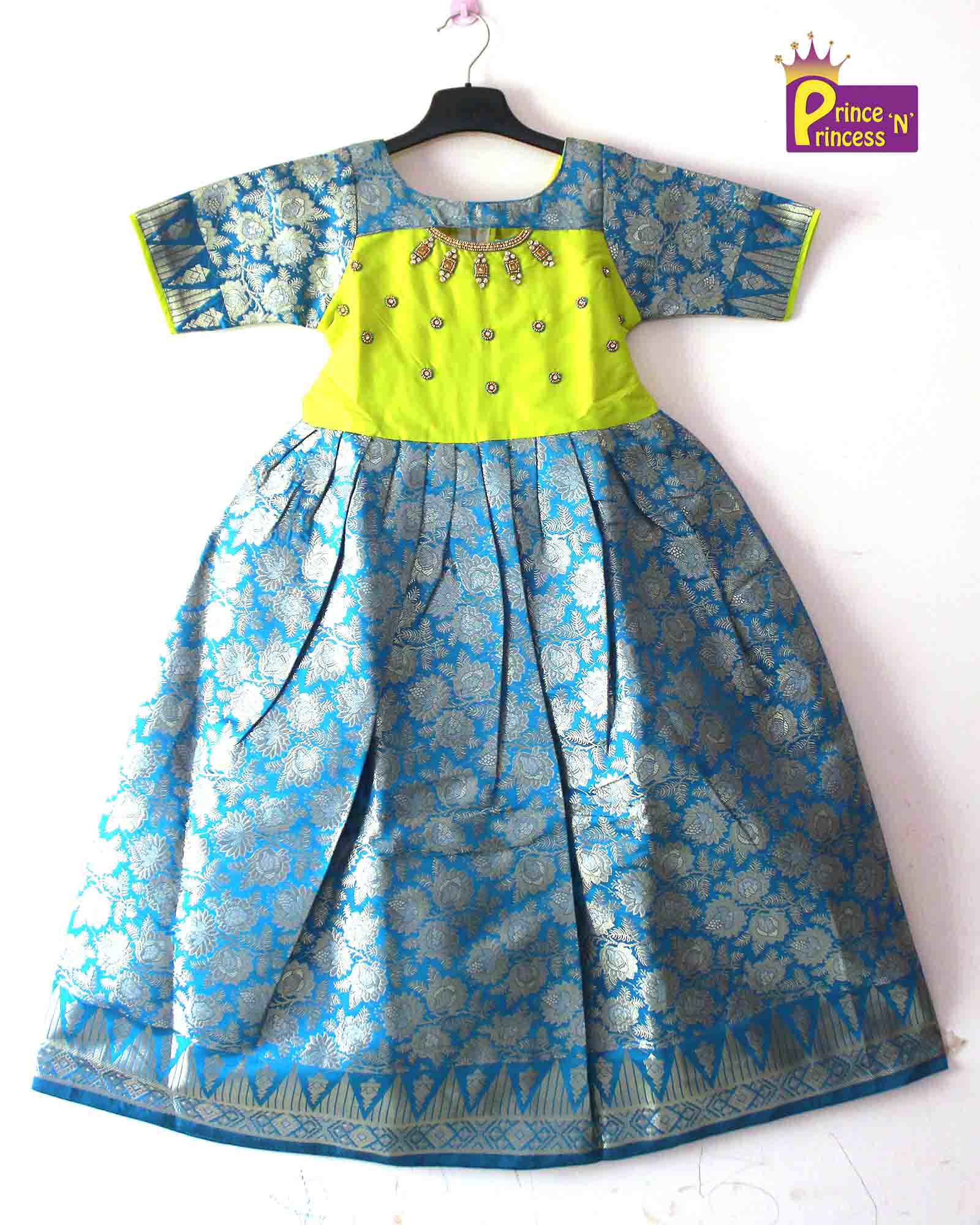 Prince N Princess Green Blue AARI work Pattu Gown PG375 Prince N Princess
