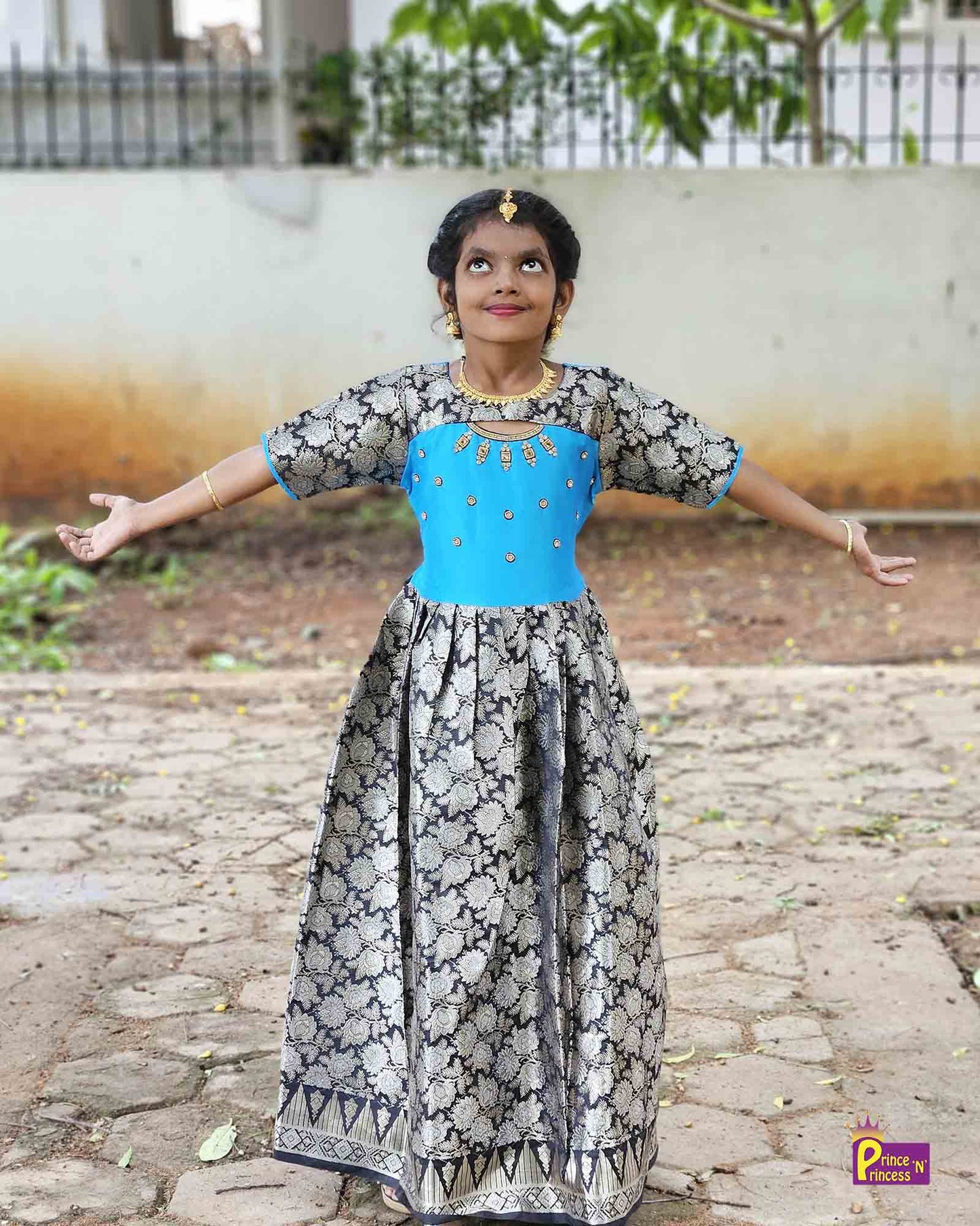 Prince N Princess Black Blue AARI work Pattu Gown PG378