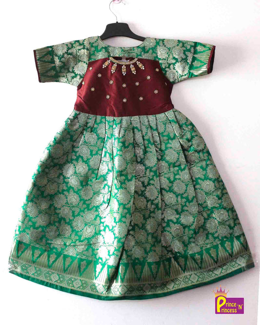 Prince N Princess Green Maroon AARI work Pattu Gown PG379