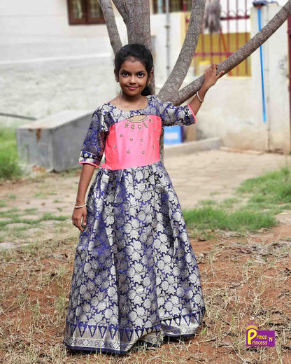 Prince N Princess Peach Blue AARI work Pattu Gown PG380