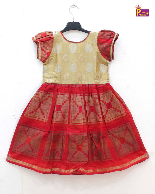 Kids Sandal Red chanderi cotton Frock PG384