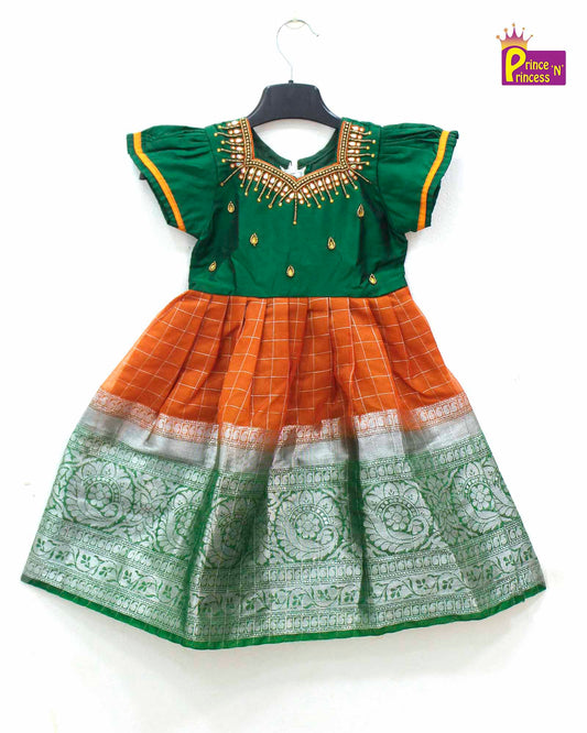 Kids Green Orange Organza AARI Ethnic Party Gown PG385