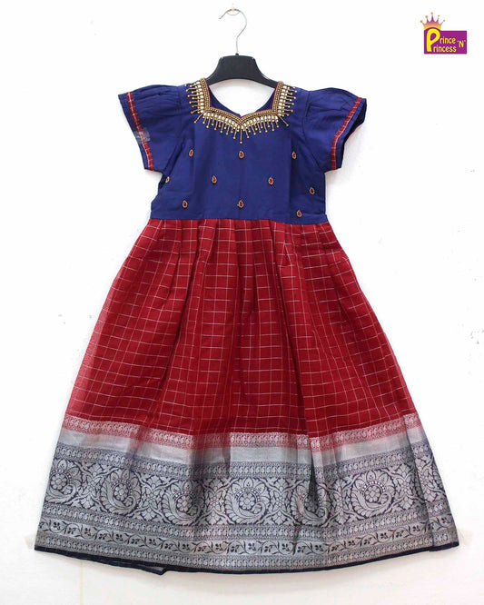 Kids Navy Red Organza AARI Ethnic Party Gown PG386