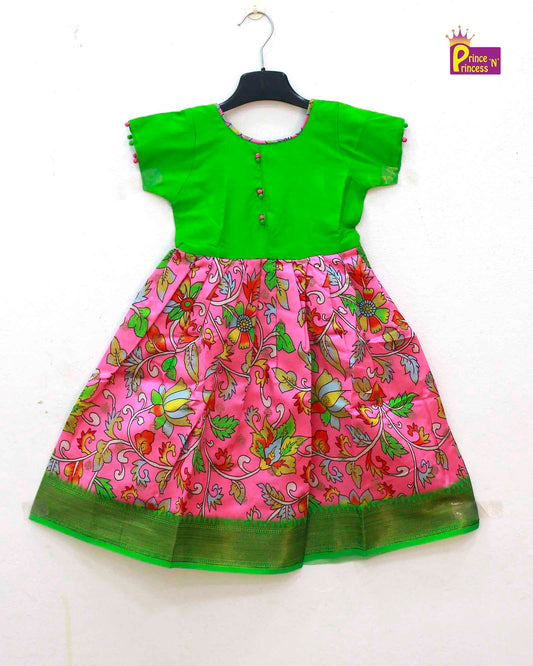 Kids Green And Pink Kalamkari Gown PG391