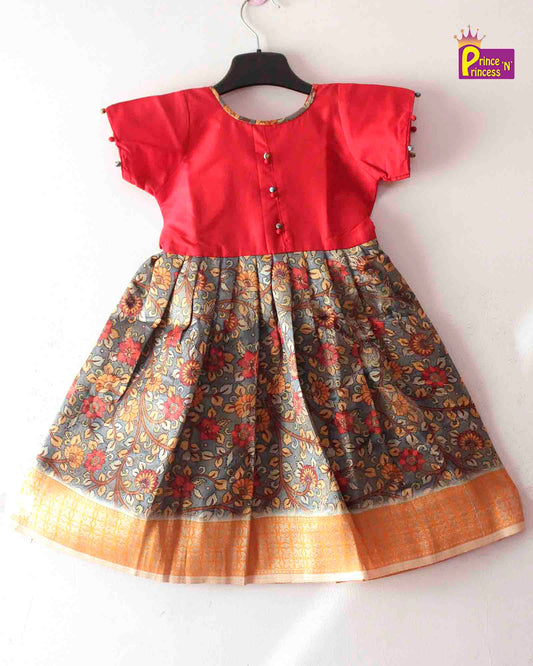 Kids Red Simple Kalamkari Party Gown PG396