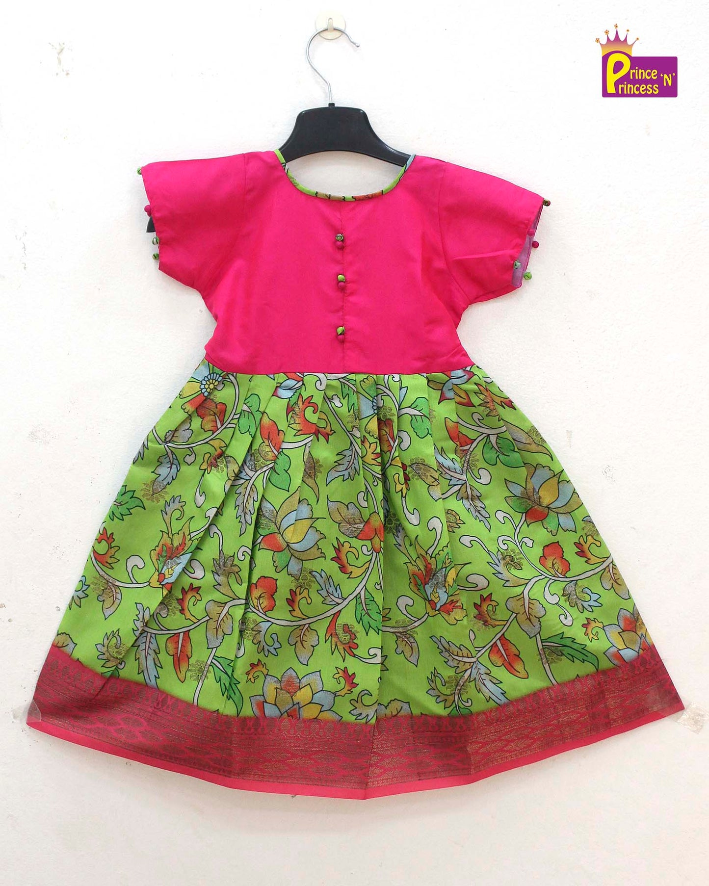 Kids Green And Pink Kalamkari Gown PG397